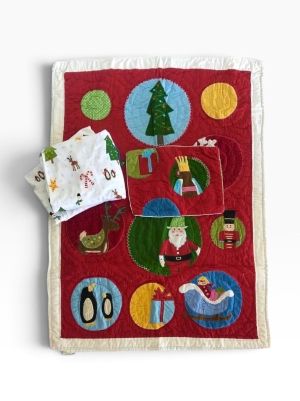 Pottery Barn Kids Christmas Whimsical Crib Quilt, 2 Sheets & Pillow Sham